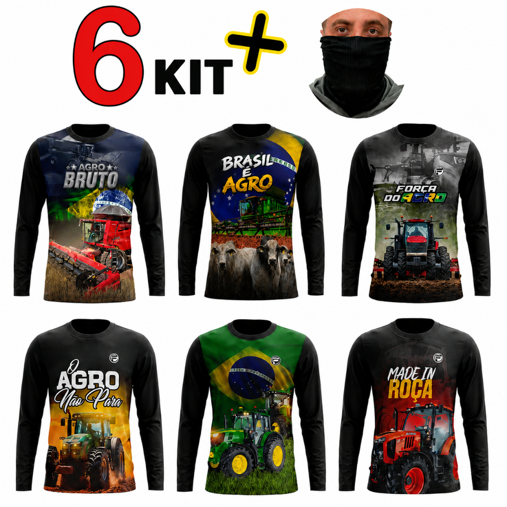 KIT 6 Agro Camiseta + Bandana UV Manga Longa Masculina Camiseta Fazenda Bruto Camisa Dryfit Trator