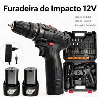 Kit Parafusadeira Furadeira Sem Fio Recarregável LED Com 2 Baterias 12v Bivolt Brocas Bits Maleta Profissional