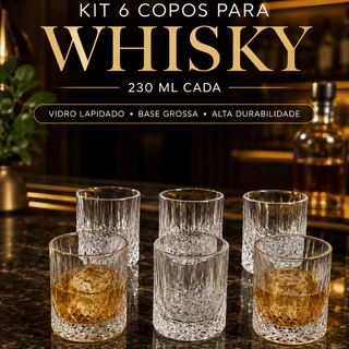 Kit 6 Copos de Whisky Vidro Grosso Estilo Cristal para Bar Uisque Drinks Aguardente Presente 230ml