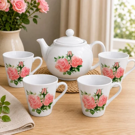 Jogo De Chá Porcelana Decorada, Bule 500ml 4 Xícaras, 120ml