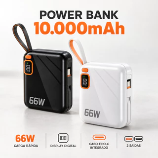 Carregador Power Bank 10000mAh 66W Carregamento Rápido Display Digital 2 Saídas com Cabo Tipo C Embutido
