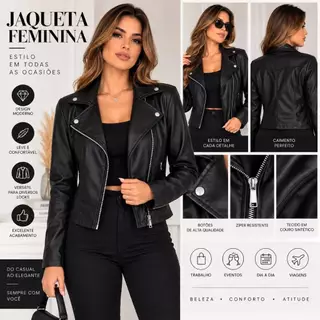 Jaqueta Feminina Couro Sintético Preta Biker Manga Longa com Zíper Moderna Elegante