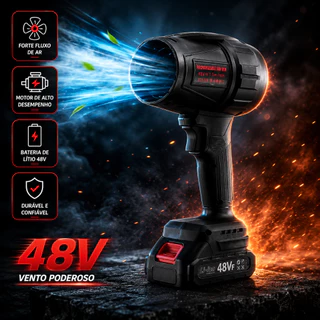Soprador de Folhas Turbo Sem Fio 48V Alta Potência, Motor de Cobre Puro, Kit com Duas Baterias, Caixa de Papelão