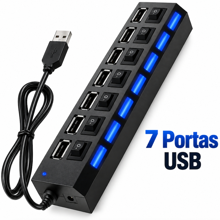 Hub USB 2.0 com 7 Portas Interruptores Individuais e LED Alta ...