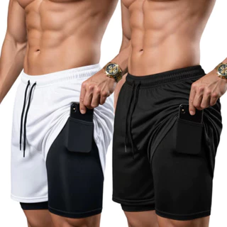 Kit 2 Shorts Masculino Duplo Dryfit Camada Interna de Compressão Bolso Ibutido Para Celular