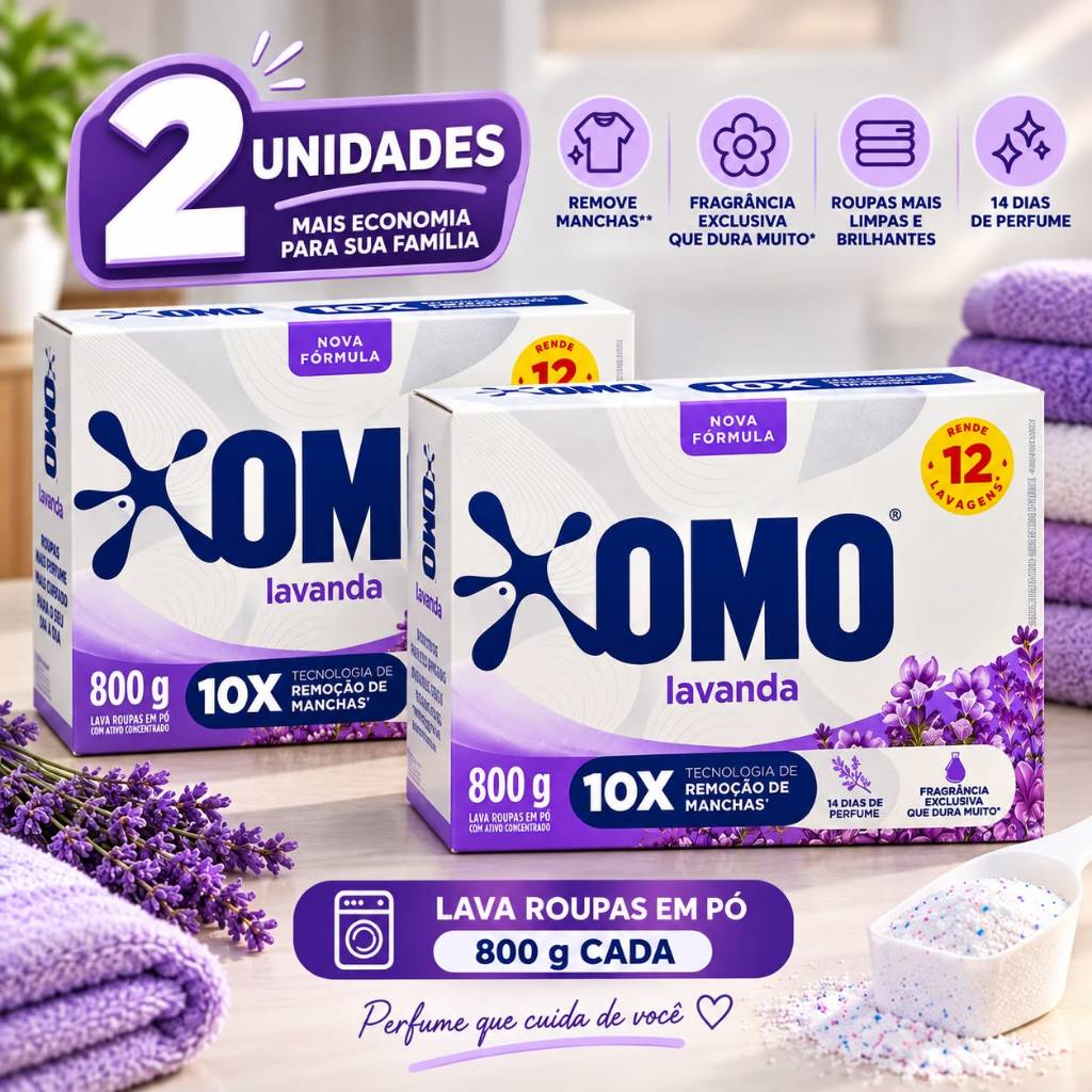 Sabão em Pó OMO Lavanda 800g Lava Roupas Perfumado Tira Manchas – Kit 2 ...
