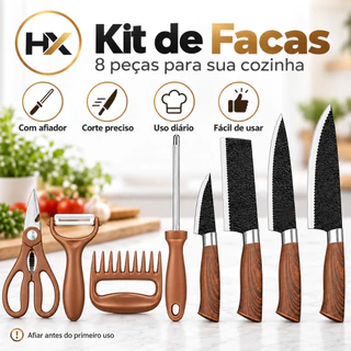 Kit de Facas de Cozinha 8 Peças com Afiador, Tesoura, Descascador e Utensílio Multiuso