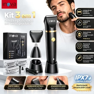 Inova Máquina de Cortar Cabelo e Barbear 3 em 1 - Aparador de Pelos Íntimos, Nariz e Corpo - IPX7 à Prova d'Água