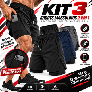 KIT 3 Shorts Masculino 2 em 1 Fitness Bermuda Treino Academia com Bolso Interno