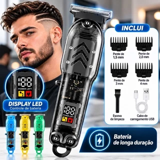 Máquina de Cortar Cabelo Profissional Sem Fio Barbeador Elétrico com LCD Smart Transparente Recarregável Masculino