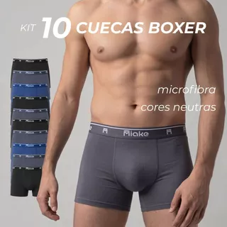 Kit 10 Cuecas Boxer Miake Microfibra Cores Neutras Masculinas