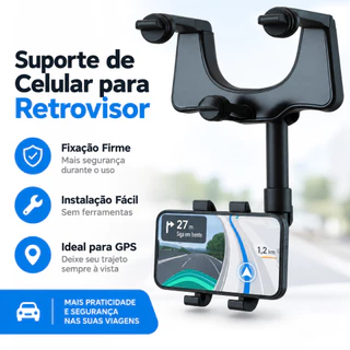 Suporte para Celular Retrovisor Interno Carro Veicular GPS Fixação Firme Preto