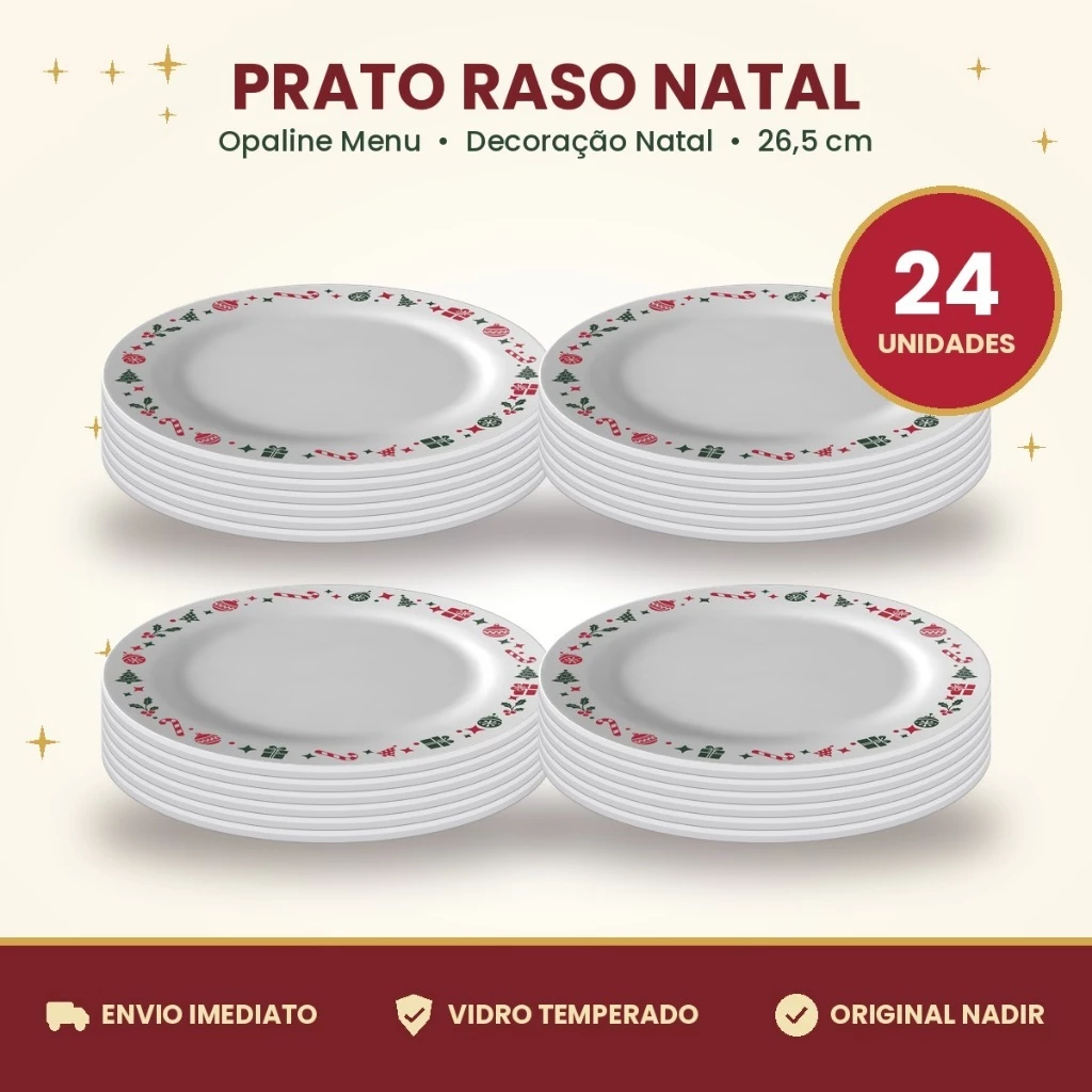 Jogo de Prato Raso Natal, Menu da Nadir, Vidro Opaline Temperado
