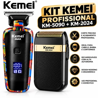 Kit Máquina de Cortar Cabelo Kemei KM5090 + Barbeador Shaver KM2024 Profissional Recarregável