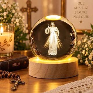 Luminária Decorativa Globo LED Com Interruptor Luminária Abajur Mesa Bola de Cristal Jesus Misericordioso Luz 3D USB
