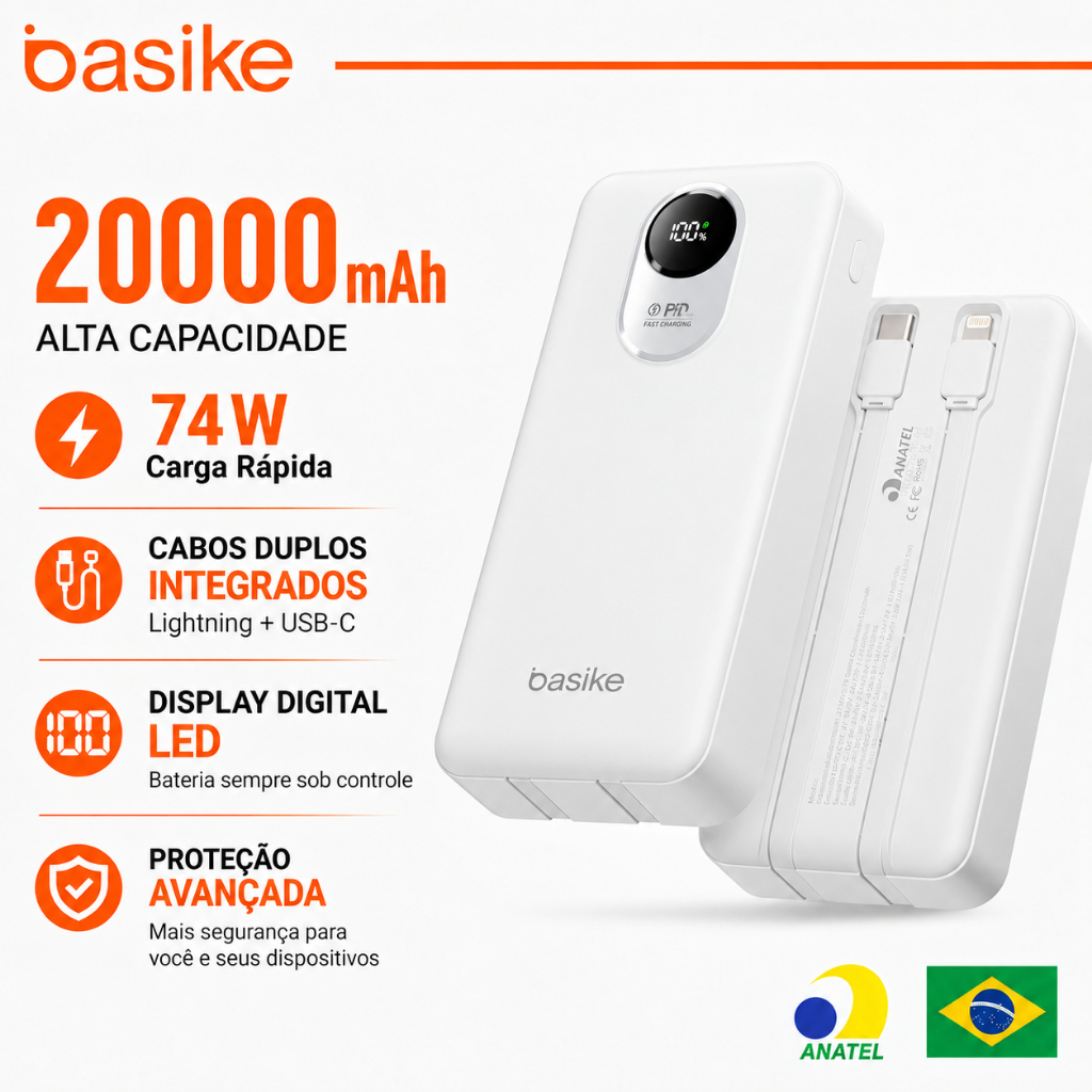 Basike 20000mAh Power Bank Carregador Portátil com Cabo Lightning Integrado Display LED USB-C Carga Rápida