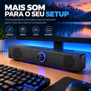 Soundbar Estéreo 31cm, Conexão USB P2 3.5mm, LED Azul, Alto-falante para Notebook, PC, Monitor, Controle de Volume Front