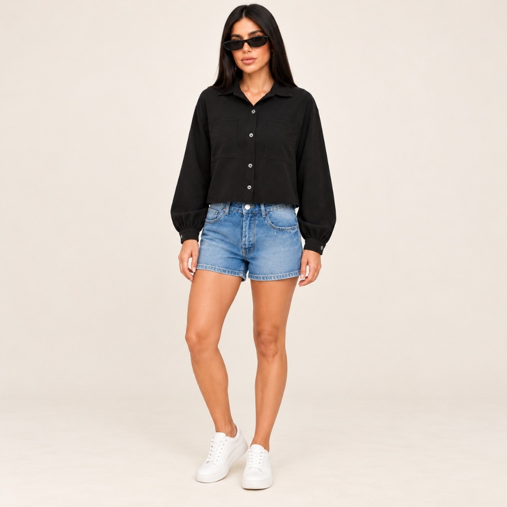 Camisa Cropped Feminina Crepe Duna Manga Longa Botões Bolsos e Gola ...
