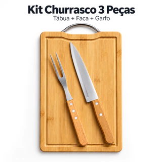 Kit Churrasco 3 Peças Faca Garfo Cabo Madeira + Tábua Corte Carne Bambu c/ Sulco e Alça Inox