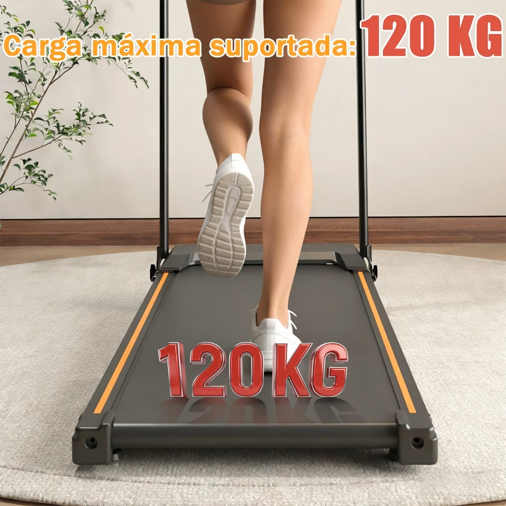 Close das pernas de uma pessoa correndo na esteira Solperk, com texto sobreposto indicando a capacidade máxima de carga de 120kg.