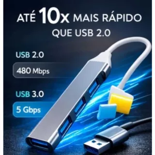Adaptador Hub USB 3.0 4 Portas 5Gbps Plug and Play Alumínio PC Notebook MacBook Mouse Teclado HDltiplos Dispositivos