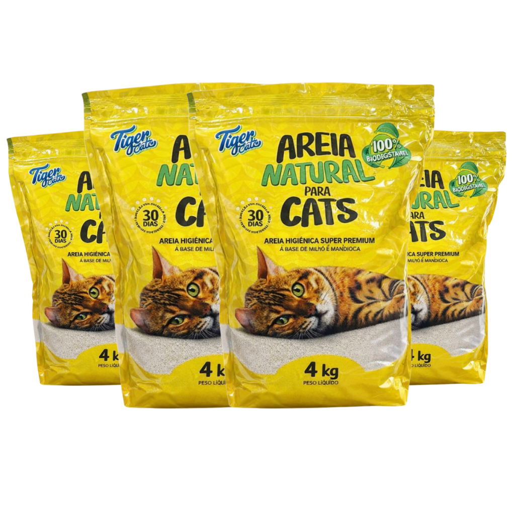 KIT COM 4 AREIA HIGIENICA NATURAL BIODEGRADAVEL MILHO E MANDIOCA PARA GATOS TIGER  CATS 4KG em Oferta na Shopee