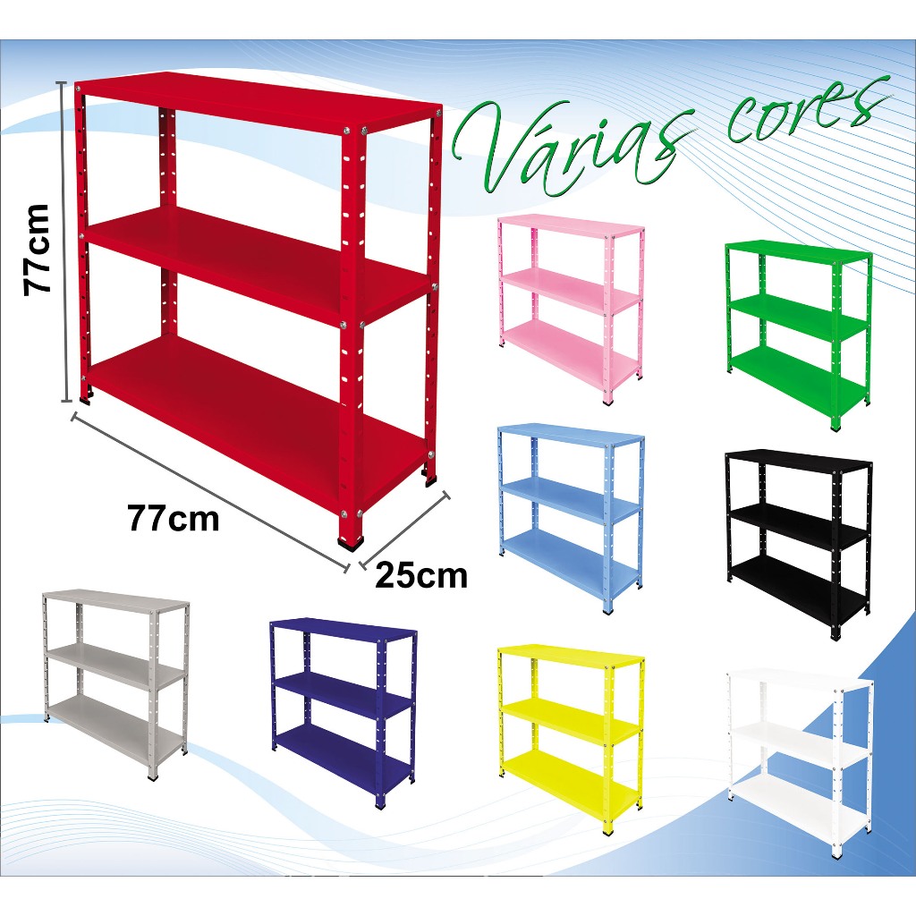 Estante com 3 prateleiras reguláveis de aço 25x77cm multiuso