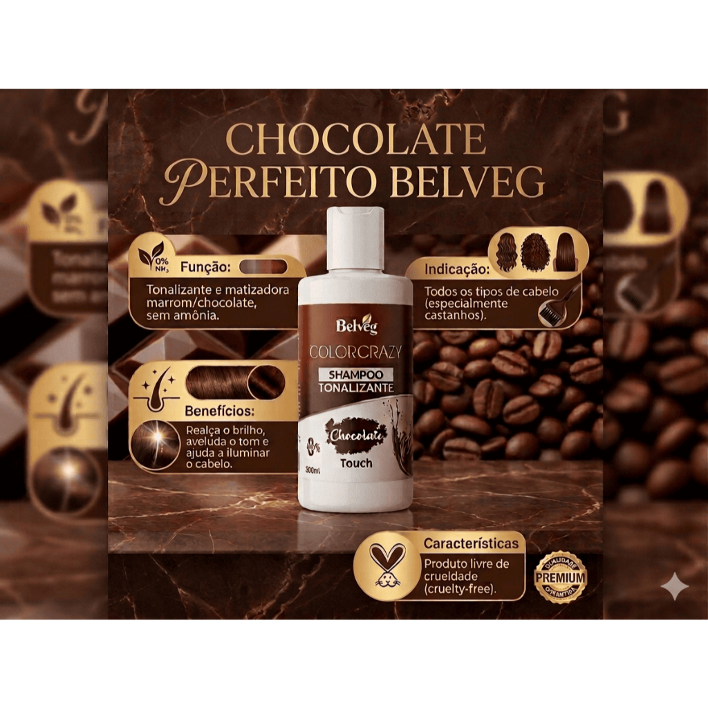 Kit Máscara e Shampoo Tonalizante Chocolate Belveg - Sem Amônia