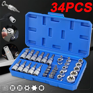 Kit 34 Peças Soquetes Torx e Estriados 1/4" e 3/8" | Conjunto Ferramenta Profissional com Estojo