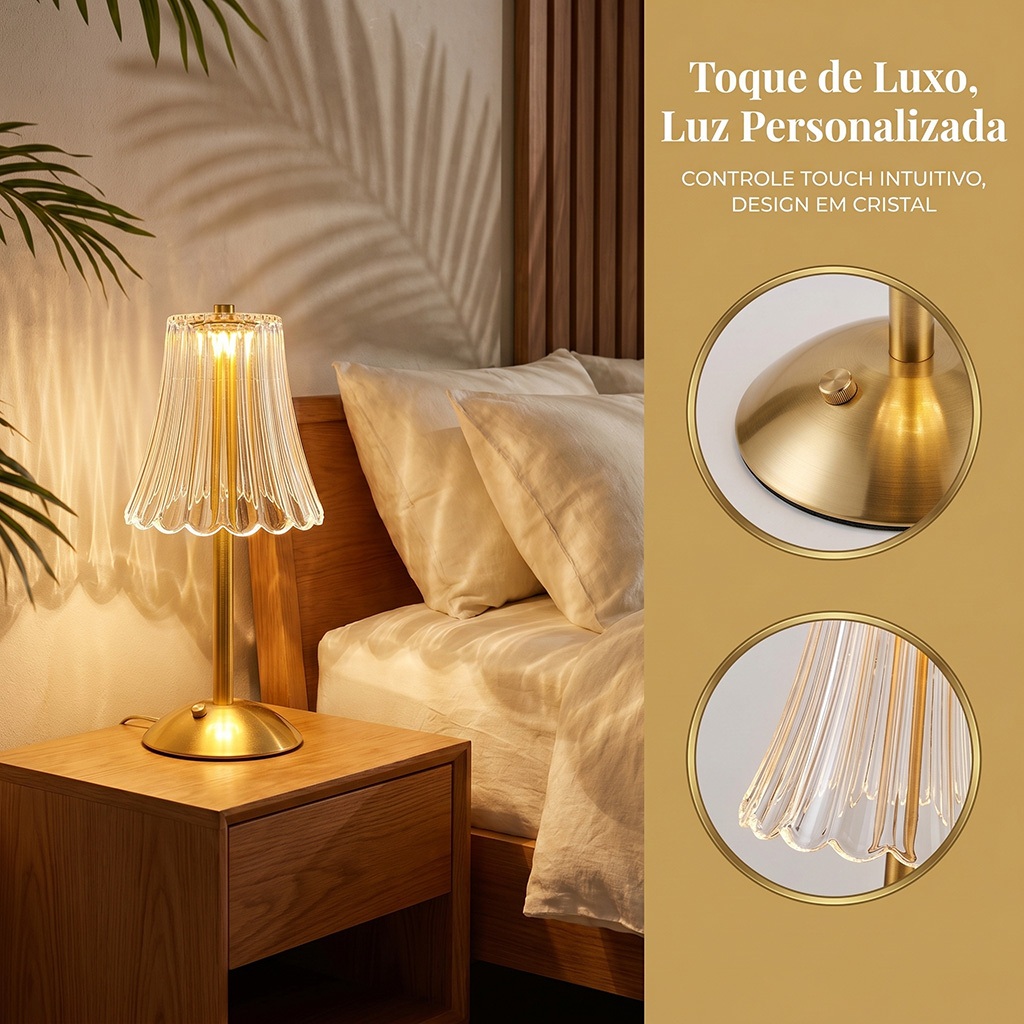 Abajur de Mesa Quarto Touch Sem Fio Recarregável 3 Tons Luz Cúpula de ...