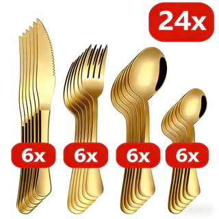 Belifou Kit 24 Jogo De Talheres Para Bife Aço Inoxidável Dourados Com Colher Pequena