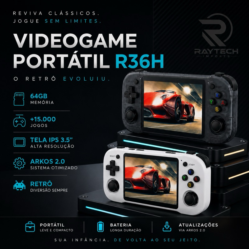 R36H 64GB Console Portátil com +15600 Jogos 3.5” IPS Linux Retrô