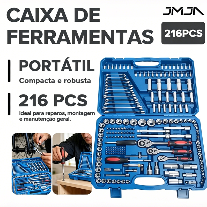 JMJN Kit Ferramentas Profissional 216 Peças com Maleta Soquetes