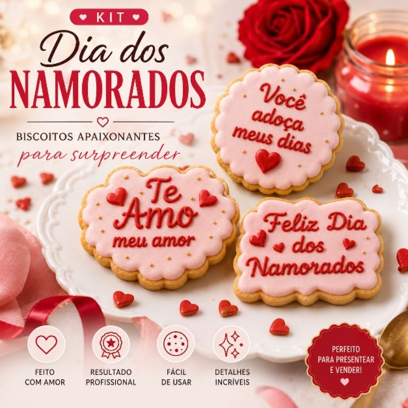 Kit Cortador de Biscoito Dia dos Namorados + Carimbos 3D| Co