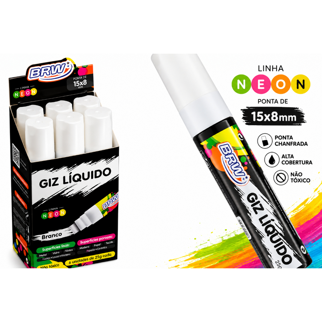 Giz Líquido Branco Ponta Larga 15mm BRW GZ1507 – Marcador para