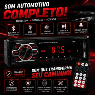 Som Rádio Para Carro Automotivo Com Bluetooth Mp3 2 Usb Universal