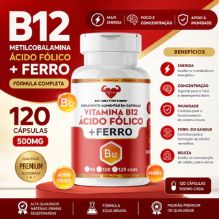 B12 Metilcobalamina, ácido fólico, Ferro, 120 capsulas 500mg