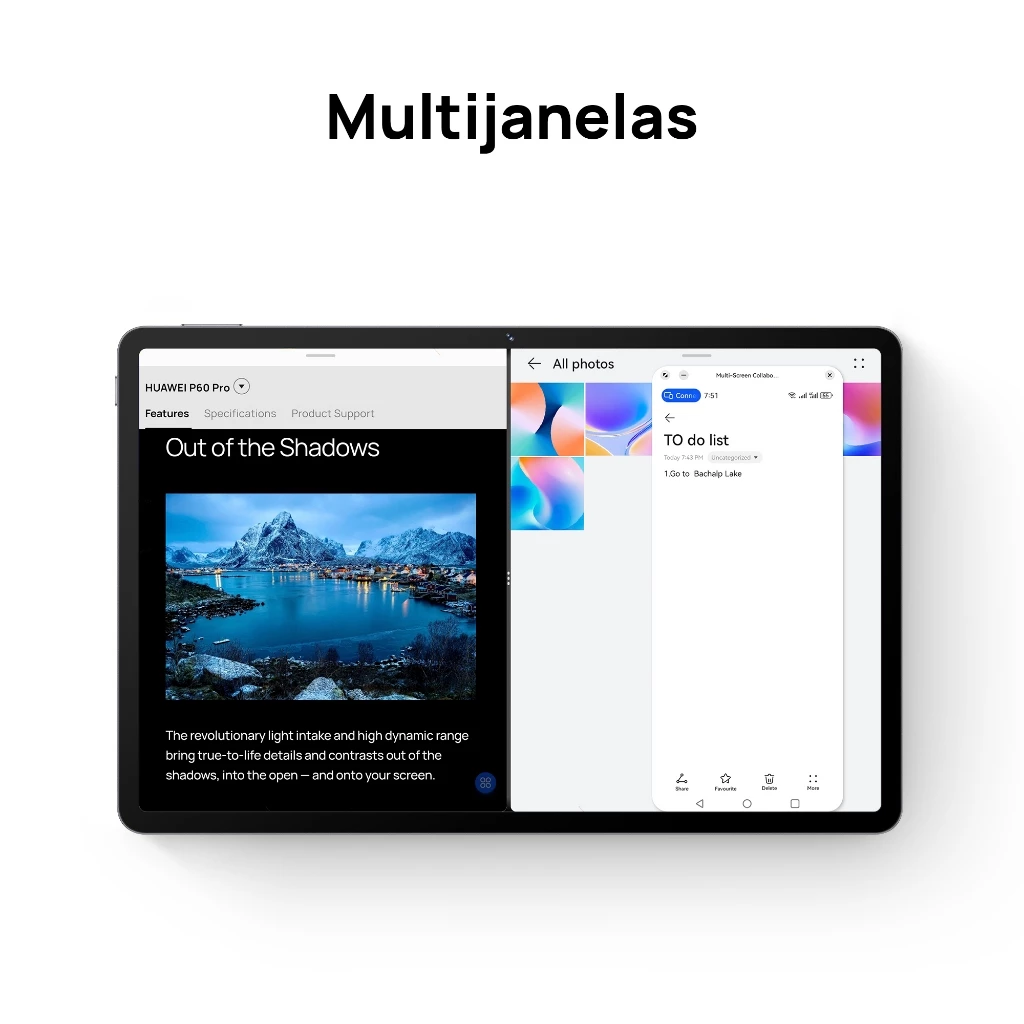 Demonstração da função multijanelas no tablet HUAWEI permitindo usar dois aplicativos simultaneamente na tela