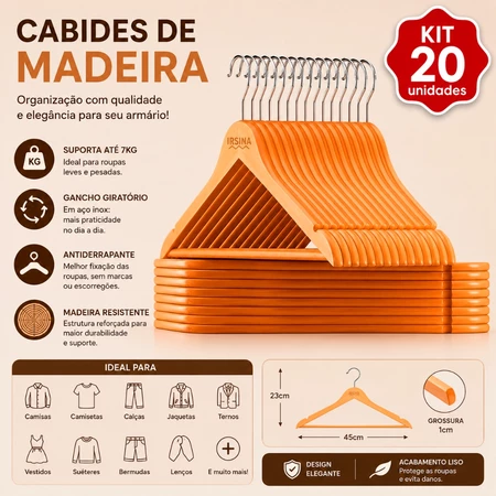 KIT Cabides de Madeira Antiderrapante Natural Roupas Gancho de Metal Marfim Camisa Calça Vestido 20 Uni