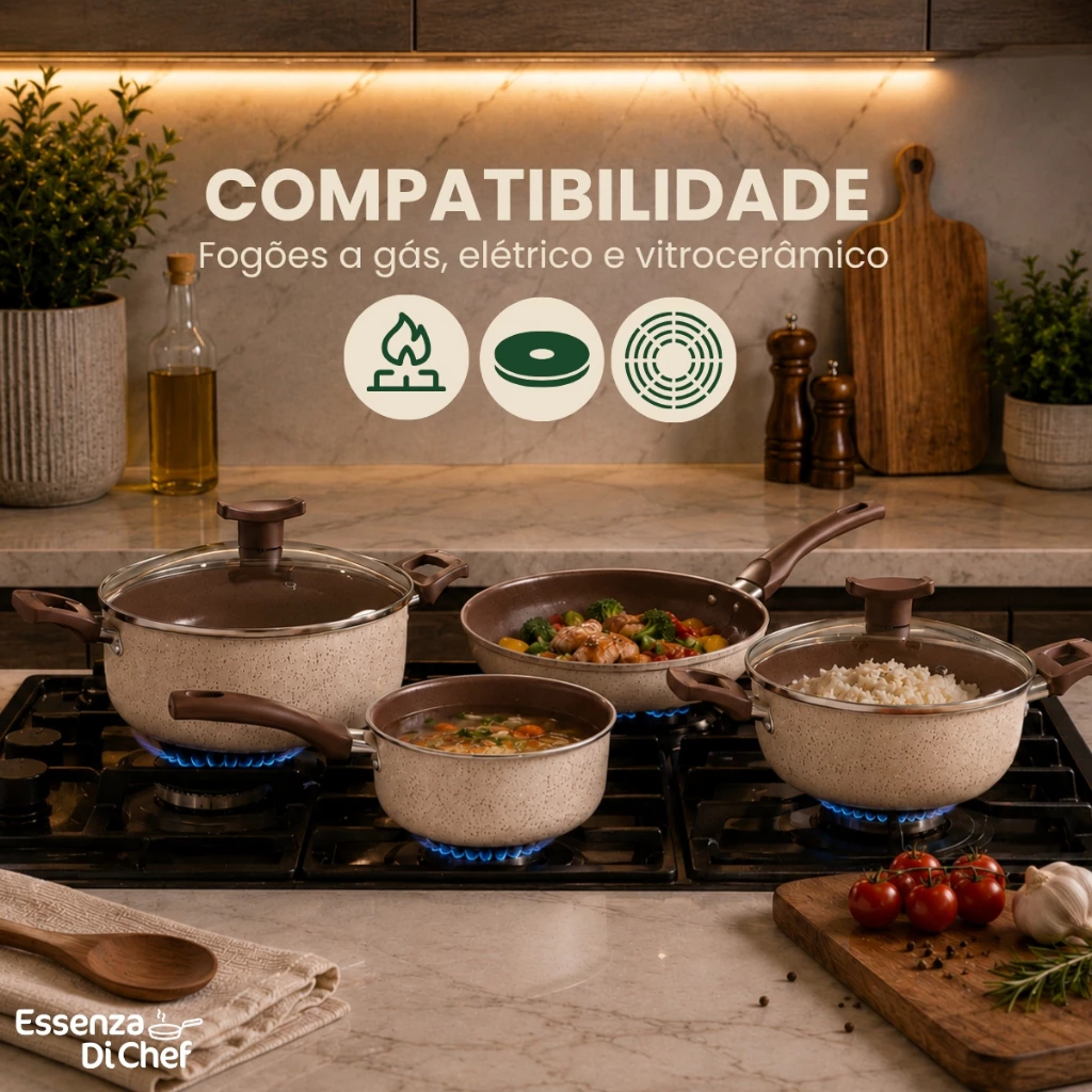 Conjunto de Panelas 10 Peças Alumínio Antiaderente Cappuccino Com Utensílios e Tampa de Vidro