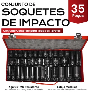 Kit Soquete de Impacto 35 Peças 1/2" Aço CR-MO Maleta Metálica-Soquetes Curtos+Longos para Chave de Impacto Automotiva