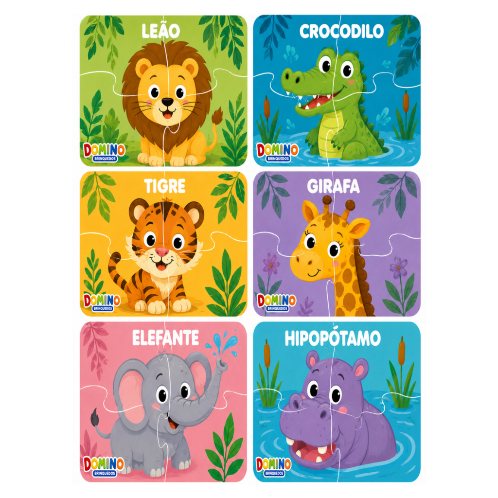 Kit 6 Quebra Cabeça Infantil de Madeira Animais da Floresta (4 peças cada)