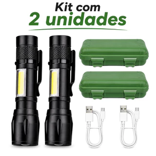 Kit 2 Mini Lanternas Tática LED COB Recarregável USB Zoom Forte Bolso