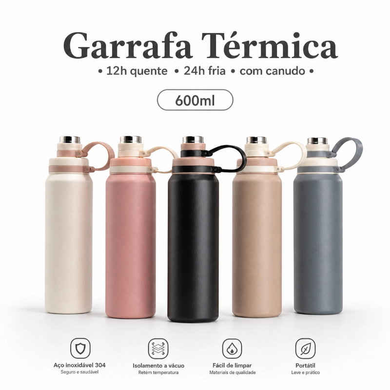 Garrafa Térmica de água 600ml Quente&Frio Com alça e Canudo inox Isolado academia/camping/trabalho-XR-70
