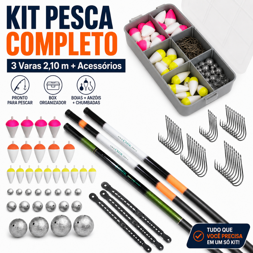Kit Pesca 3 Vara Telescópica 2,10 Mts Estojo Acessorios boia anzol chumbada polinha kit pesca completo