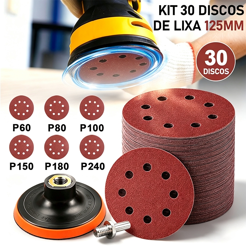 Kit 30 Discos Lixa 125mm Suporte para Furadeira Lixadeira com Velcro para Furadeira, Lixadeira e Esmerilhadeira parede