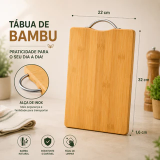 Tábua de Bambu com Alça em Aço Lisa Antibacteriana Premium 32x22x1,6cm Retangular Corte Cozinha Gourmet