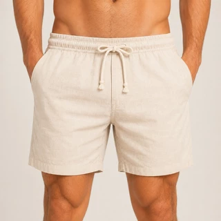 Short Linho Masculino Bermuda Mauricinho Casual Premium 3 Bolsos Cós Elástico Cordão Praia Verão