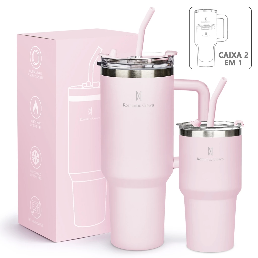ROMANTIC CROWN Kit 2 Copo Térmico Inox Portátil 1200ml/600ml Garrafa Térmica Inoxidável com Tampa e Canudo