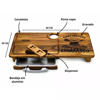 Tábua de Churrasco 60x30cm com Gaveta, Bandeja de Alumínio e Porta Copo – Cantinho do Churrasco